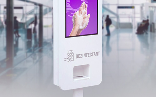 Totem digital cu dispenser pentru dezinfectant lichid